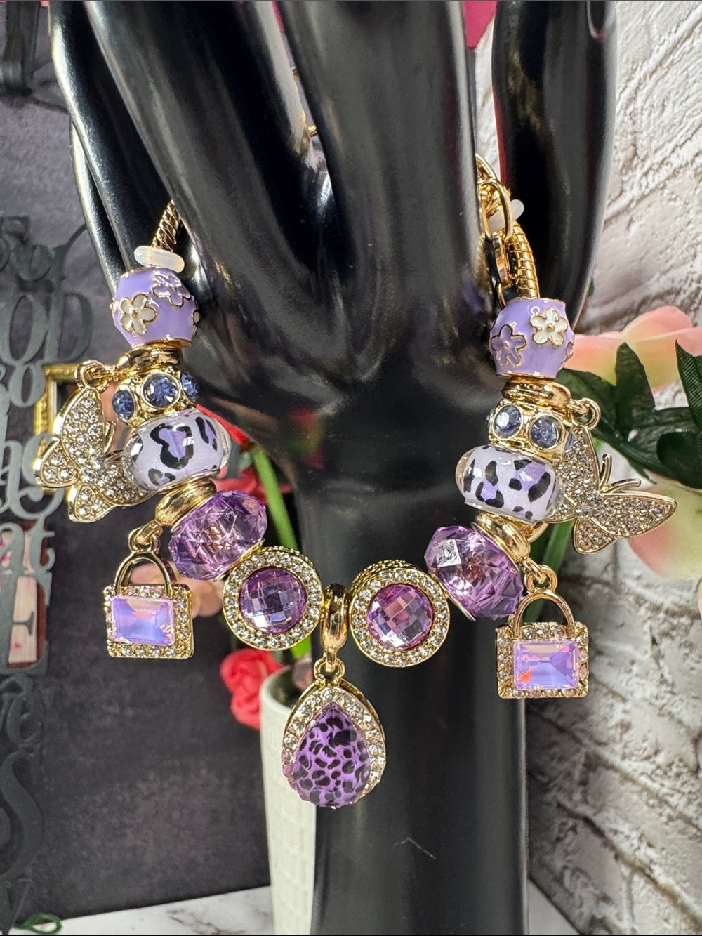 Gold-Tone Lavender Charm Bracelet - Purple Crystal & Leopard Beads